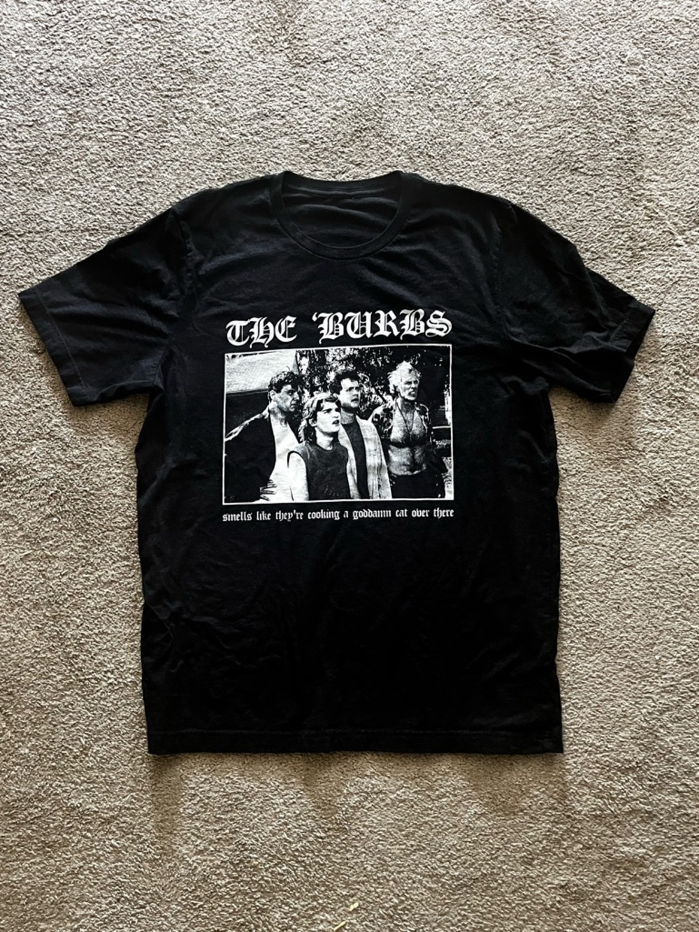 Black Graphic Tee with 'The Burbs' Print. Dark grey.